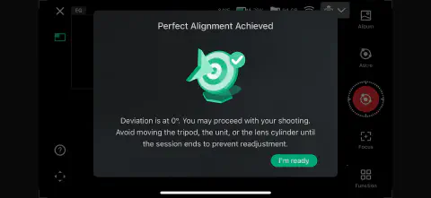 screenshot of the Dwarf iOS app showing 0° deviation